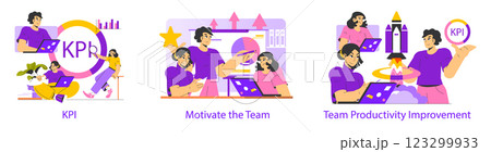 Goal achievement through effective KPIs and team motivation. Strategies for enhancing productivity and sustainable growth. Encouraging collaboration fosters successful outcomes. Vector illustration. Goal achievement through effective KPIs and team motivation. Strategies for enhancing productivity and sustainable growth. Encouraging collaboration fosters successful outcomes. Vector illustration. 123299933
