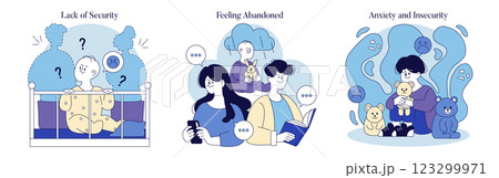 Neglectful parenting style affecting children's emotional well-being. Scenarios depict feelings of insecurity, abandonment, and anxiety in youth, showcasing the impact on their development and support Neglectful parenting style affecting children's emotional well-being. Scenarios depict feelings of insecurity, abandonment, and anxiety in youth, showcasing the impact on their development and support 123299971