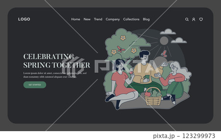 Spring celebration with friends highlighting togetherness and nature. Enjoying warmth, sharing food, and connecting in a vibrant outdoor setting under the sun with flowers and butterflies. Vector 123299973