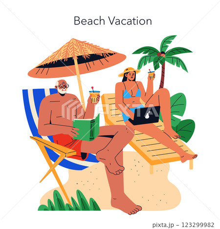 Beach Vacation concept. A relaxed scene of two individuals enjoying a sunny day at the beach. One is reading while the other works on a laptop, both sipping drinks under sun protection. Soothing Beach Vacation concept. A relaxed scene of two individuals enjoying a sunny day at the beach. One is reading while the other works on a laptop, both sipping drinks under sun protection. Soothing 123299982