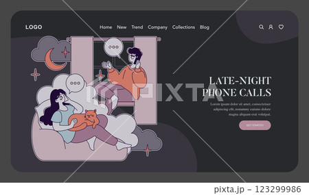 Late-night phone calls illustration. Captures the essence of intimate conversations shared between loved ones, creating a cozy atmosphere. Features two characters connecting over the phone while 123299986