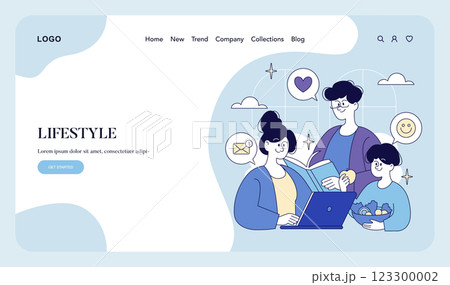 Lifestyle vector illustration showcasing a family engaging in various activities at home, such as reading, using a laptop, and enjoying a meal. This scene reflects the essence of modern life 123300002