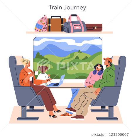 Train Journey concept. A family enjoying a scenic train trip in a comfortable environment. Highlights the joy of travel through shared moments, relaxation, and beautiful landscapes. Vector 123300007