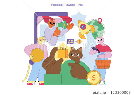 Creative product marketing illustration featuring animated cats actively engaging with technology. Diverse marketing strategies are showcased, highlighting dynamic interactions and advertising 123300008