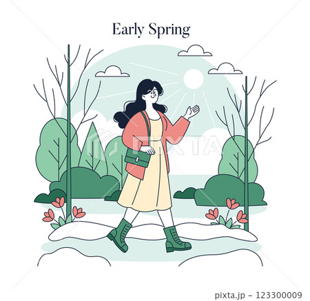 Early Spring illustration features a woman enjoying a peaceful walk in nature. As trees begin to bloom, she embraces the sunlight, symbolizing renewal and the joy of the season. Vector illustration. Early Spring illustration features a woman enjoying a peaceful walk in nature. As trees begin to bloom, she embraces the sunlight, symbolizing renewal and the joy of the season. Vector illustration. 123300009