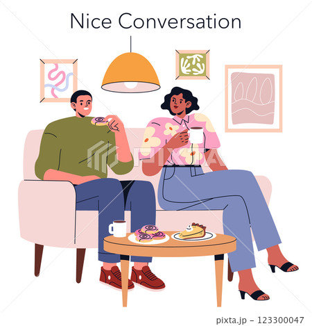 Dinner party scene featuring two friends enjoying a casual conversation over coffee and pastries. The cozy atmosphere is complemented by comfortable seating and decorative wall art. Dinner party scene featuring two friends enjoying a casual conversation over coffee and pastries. The cozy atmosphere is complemented by comfortable seating and decorative wall art. 123300047
