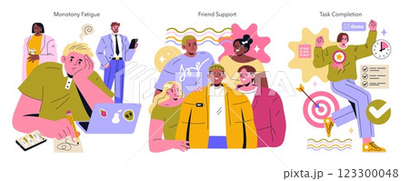 ADHD support illustration focusing on key themes like monotony fatigue, friend support, and achieving tasks. These elements highlight the collaborative approach for managing ADHD effectively. Vector ADHD support illustration focusing on key themes like monotony fatigue, friend support, and achieving tasks. These elements highlight the collaborative approach for managing ADHD effectively. Vector 123300048
