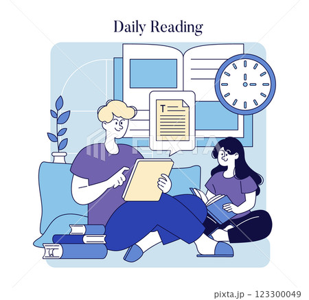 Daily reading scene. Two individuals sit comfortably at home, immersed in their books and digital devices. The environment features a cozy atmosphere with plants and a clock, promoting the joy and 123300049