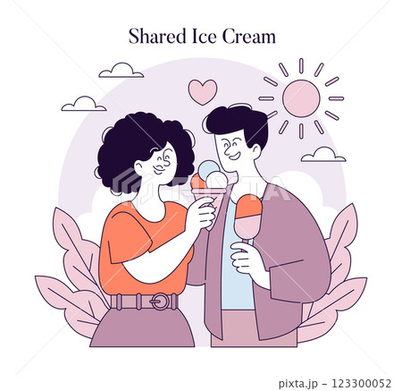 First Love concept. A joyful moment of two people sharing ice cream in a sunny environment, evoking feelings of affection and happiness. This scene represents sweet memories and playful romance First Love concept. A joyful moment of two people sharing ice cream in a sunny environment, evoking feelings of affection and happiness. This scene represents sweet memories and playful romance 123300052
