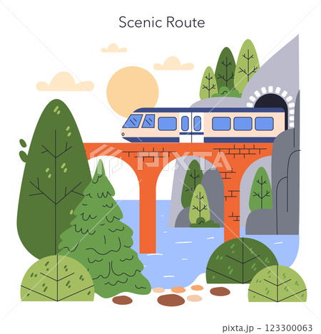 Train travel captures the joy of exploration through picturesque landscapes. The scene features a train crossing an elegant bridge, surrounded by lush greenery and a serene river. This journey 123300063
