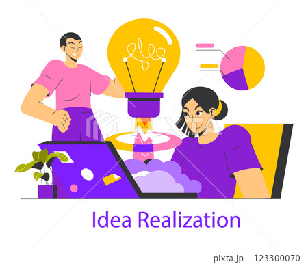 The illustration captures the concept of idea realization, showcasing individuals engaged in brainstorming and creation. It highlights collaboration and innovation through design elements like 123300070
