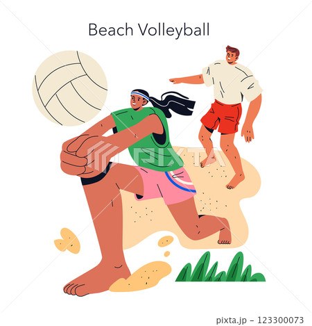 Beach Volleyball concept. Energetic scene of two players engaged in a lively game on the sand, demonstrating athleticism and teamwork. Perfect for conveying the thrill of sports during summer Beach Volleyball concept. Energetic scene of two players engaged in a lively game on the sand, demonstrating athleticism and teamwork. Perfect for conveying the thrill of sports during summer 123300073