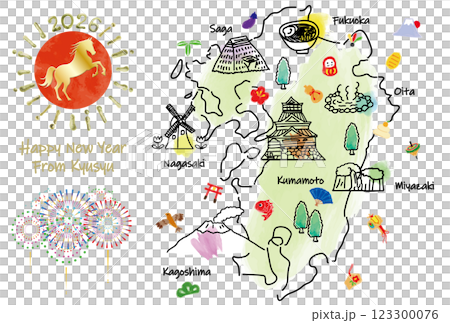 Kyushu tourist destination illustrated map New Year's card 2026 123300076