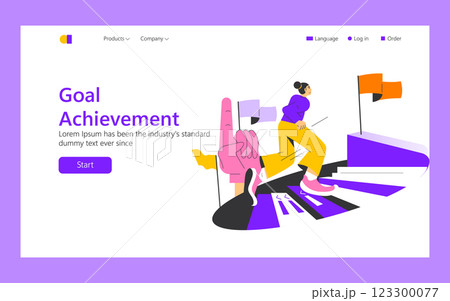 Goal Achievement concept. The journey towards personal and professional milestones illustrated through vibrant visuals. A figure navigates steps, symbolizing determination and progress, emphasizing 123300077