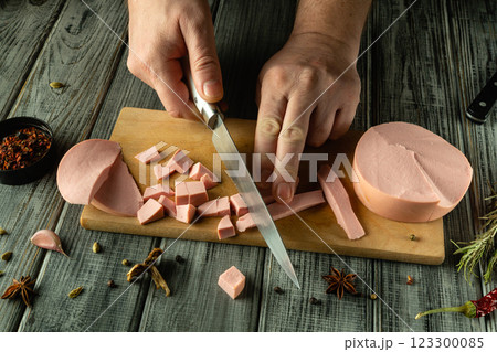 Hands skillfully slice through a pink meat block on a weathered wooden board. Nearby spices and other ingredients create an inviting atmosphere for culinary creativity and exploration 123300085