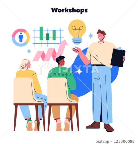 An engaging illustration showcasing highly dynamic workshops that significantly enhance skills and foster creativity An engaging illustration showcasing highly dynamic workshops that significantly enhance skills and foster creativity 123300089