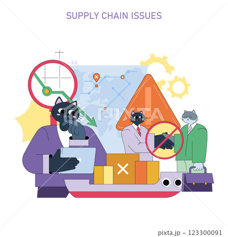 Supply Chain Issues illustration. This artwork shows the complexities of managing supply chains, featuring characters contemplating disruptions amidst graphs, warning signs, and cargo. The visual 123300091