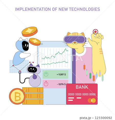 Technology implementation in finance and business environments. This concept highlights the integration of innovative tools improving efficiency and enhancing user experiences. Animated characters Technology implementation in finance and business environments. This concept highlights the integration of innovative tools improving efficiency and enhancing user experiences. Animated characters 123300092