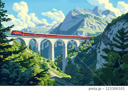 世界遺産  レーティッシュ鉄道  ランドヴァッサー橋 （イラスト） 123300101