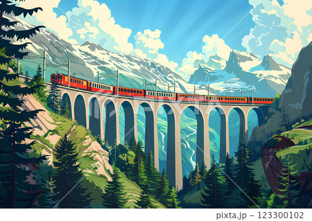 世界遺産  レーティッシュ鉄道  ランドヴァッサー橋 （イラスト） 123300102