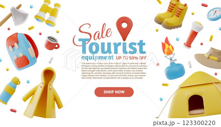 3D vector illustration of a banner with discounts on camping gear. 123300220