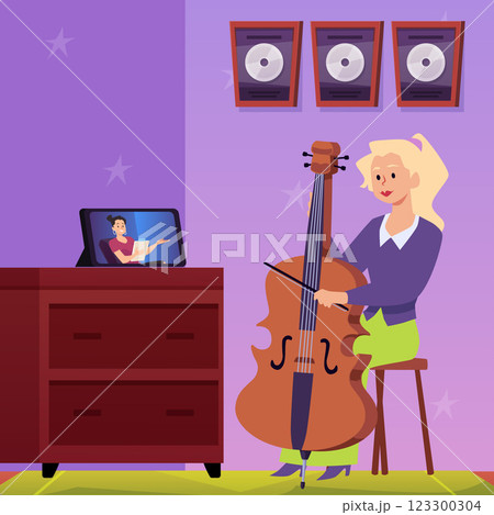 Female student learn to play cello with online lessons flat vector, musical video lecture, girl artist string instrument Female student learn to play cello with online lessons flat vector, musical video lecture, girl artist string instrument 123300304