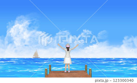 大海原に向かって手を振る女性　文字入れよう背景素材 123300340