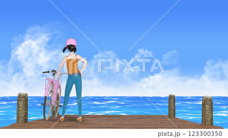海を見つめる女の子　文字入れよう背景素材 123300350