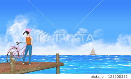 海を見つめる女の子　文字入れよう背景素材 123300351