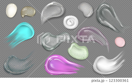 Vector set of drops and smears of cosmetic products of different shapes, colors and consistencies. 123300361