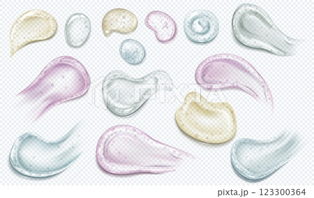 Realistic cosmetic gel drop, smeared soap colorful bubbles vector set, glossy volume jelly daub blob, liquid lotion spot 123300364