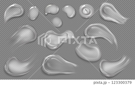 Realistic cosmetic gel drops, smeared soap or lotion bubbles vector set, glossy volume rounded lotion or cream spots Realistic cosmetic gel drops, smeared soap or lotion bubbles vector set, glossy volume rounded lotion or cream spots 123300379