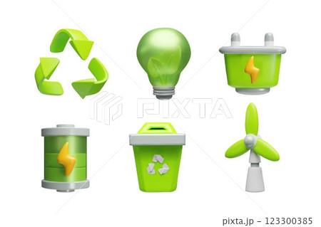 Green energy symbols, alternative energy sources, environmental conservation, Eco friendly power 3D cartoon vector set 123300385