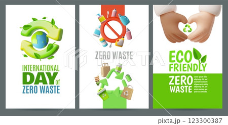 Zero waste and Eco friendly 3D cartoon posters vector design set, recycle and reuse, reduce signs - ecological lifestyle Zero waste and Eco friendly 3D cartoon posters vector design set, recycle and reuse, reduce signs - ecological lifestyle 123300387