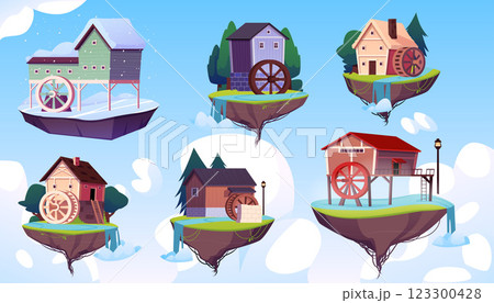 Water mill on floating game land islands in sky, vector flat vintage houses with grinding wheel using river hydropower 123300428