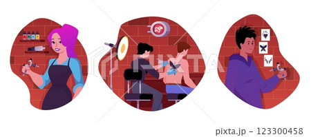 Vector illustration of set with tattoo parlor artists in round frames. Vector illustration of set with tattoo parlor artists in round frames. 123300458