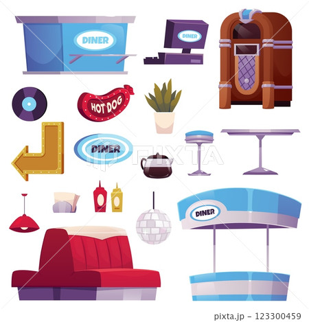 Diner cafe interior furniture and tools vector set, red sofa, table, bar counter, jukebox vinyl record, retro restaurant 123300459