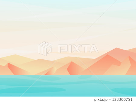 Coastal landscape illustration. Vector seaside mountains illustration in boho style with seaside Coastal landscape illustration. Vector seaside mountains illustration in boho style with seaside 123300751