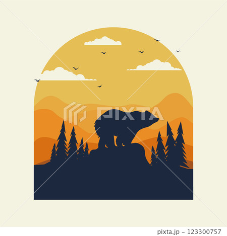 Wild bear standing of the cliff. Grizzly bear looking on valley with mountains poster. Concept of wildlife Wild bear standing of the cliff. Grizzly bear looking on valley with mountains poster. Concept of wildlife 123300757
