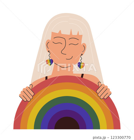 Lesbian holding LGBT rainbow illustration. Fight for rights of sexual minorities. Lesbian woman activist 123300770