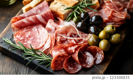 木製ボードに盛り付けられた生ハム シャルキュトリープレートとオリーブ |  123300835