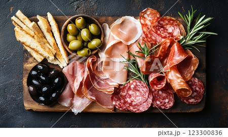 木製ボードに盛り付けられた生ハム シャルキュトリープレートとオリーブ |  123300836