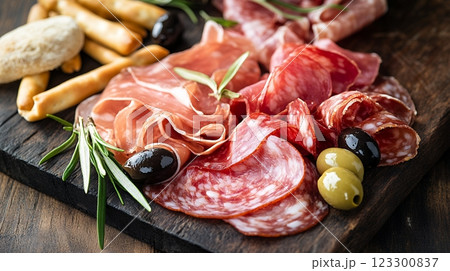 木製ボードに盛り付けられた生ハム シャルキュトリープレートとオリーブ |  123300837