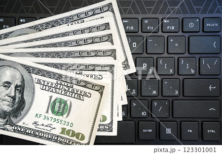 Dollars on keyboard computer. Money in internet and earnings concept Dollars on keyboard computer. Money in internet and earnings concept 123301001