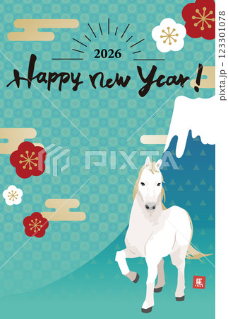 2026年 年賀状縦デザイン  馬と富士山のイラスト 123301078