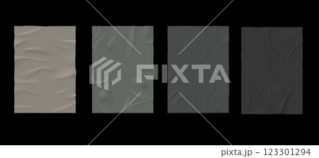 Paper wrinkled posters vector set, glued uneven rectangle beige beige to grey sheets, wet tape canvas crumpled texture 123301294