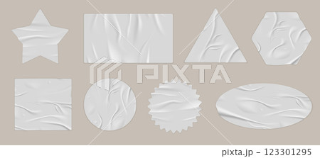 Set of sticker illustrations of various geometric shapes with folds and dampness effect. 123301295