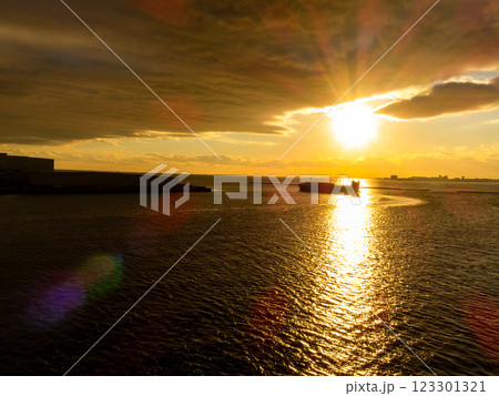 東京湾の美しい夕陽の中、出港していく貨物船 123301321