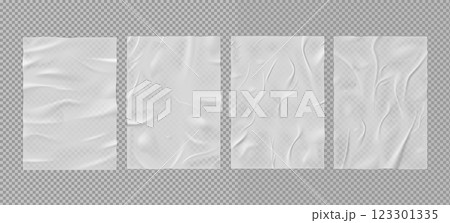 Paper wrinkled poster vector set, wet paper sheet template with transparent crumpled texture, glued wrinkles white tape 123301335