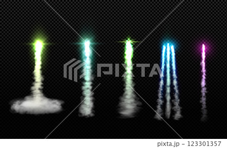 Rocket fire smoke trails vector set, realistic space jet aircraft launch trail, colorful fire burst flow, missile trace 123301357